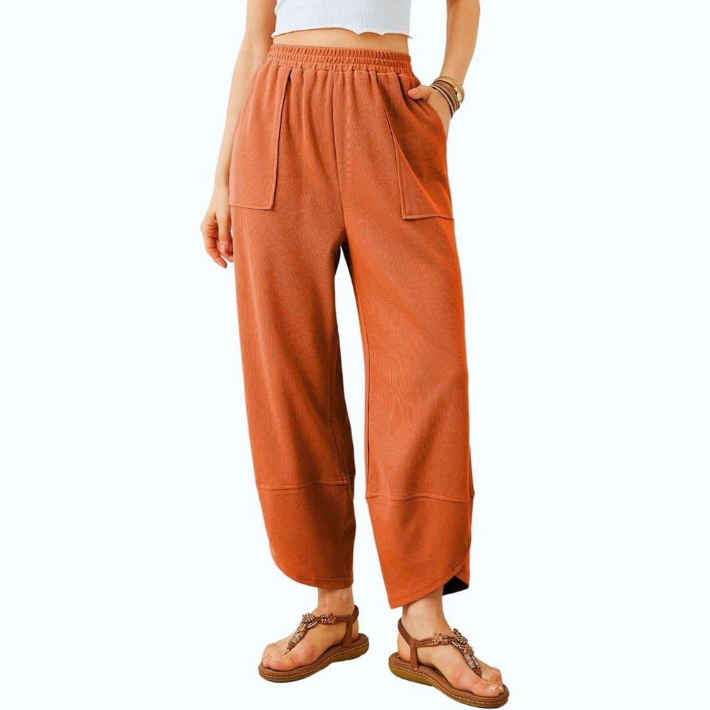 Ribbed Knit Women XL Rust Orange Cropped Pants Boho Tulip Hem Lagen